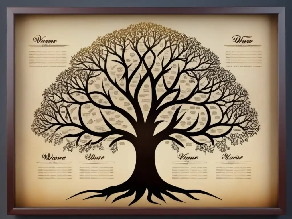 Un árbol genealógico vintage detallado de apellidos de superhéroes, con caligrafía delicada y tonos sepia añejos, destacando el legado de generaciones