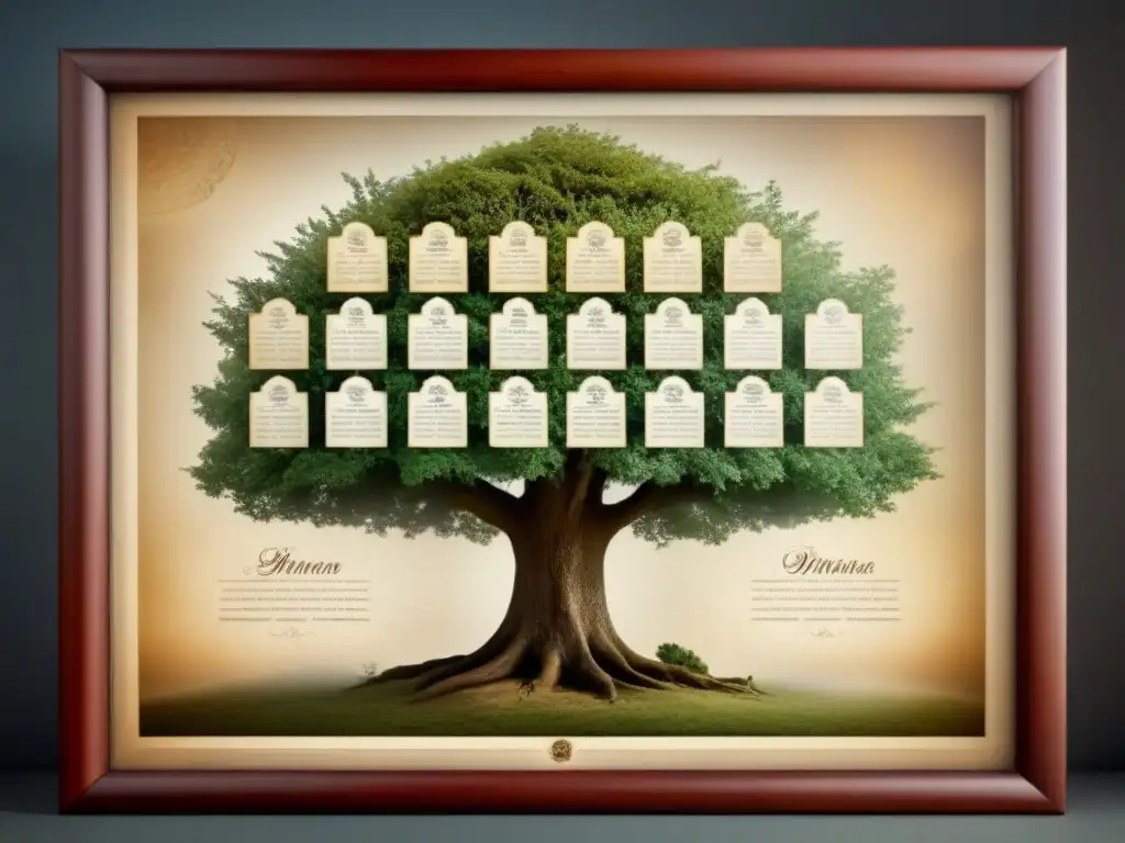 Un árbol genealógico vintage detallado con historia de apellidos y genealogía