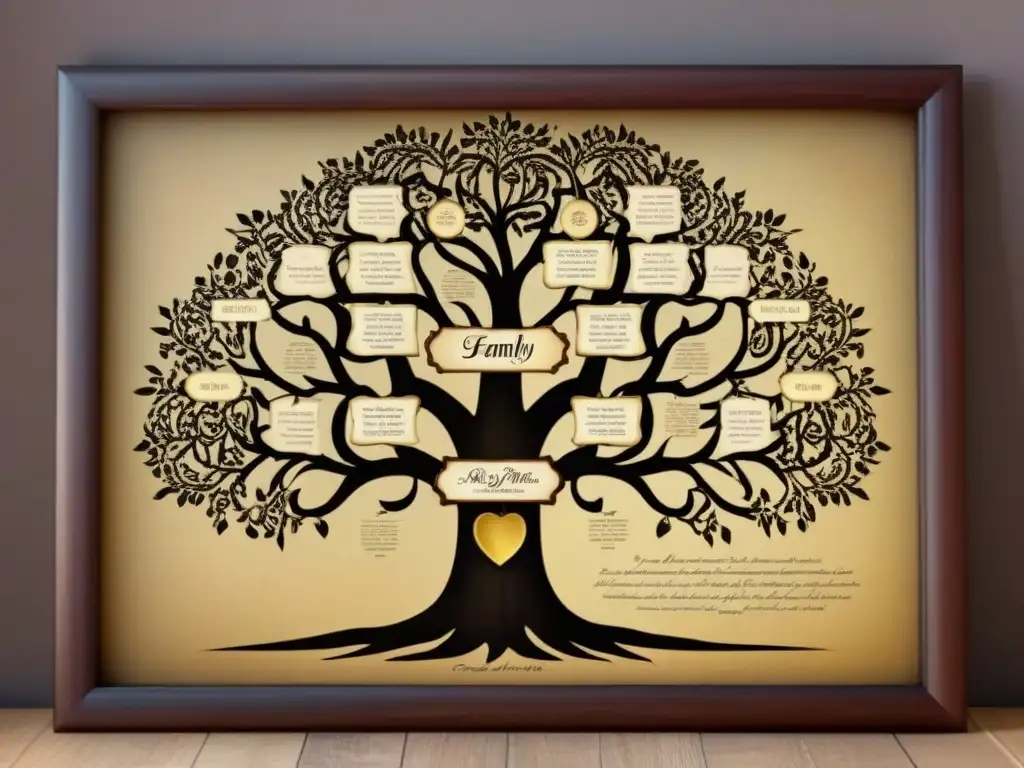 Árbol genealógico vintage con caligrafía detallada Un árbol genealógico vintage detallado con caligrafía delicada y fotos sepia de ancestros enmarcadas, evocando nostalgia
