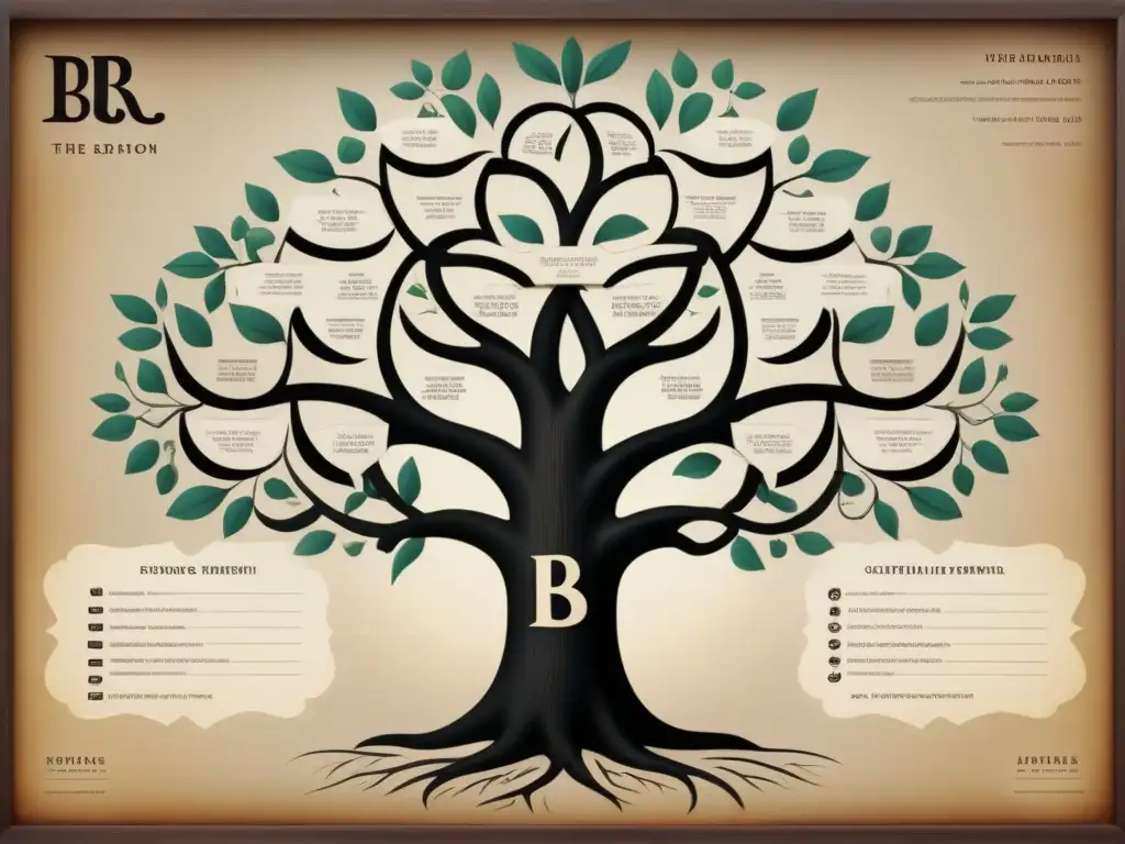 Un árbol genealógico vintage detallado con influencias culturales de apellidos que comienzan con la letra 'B'