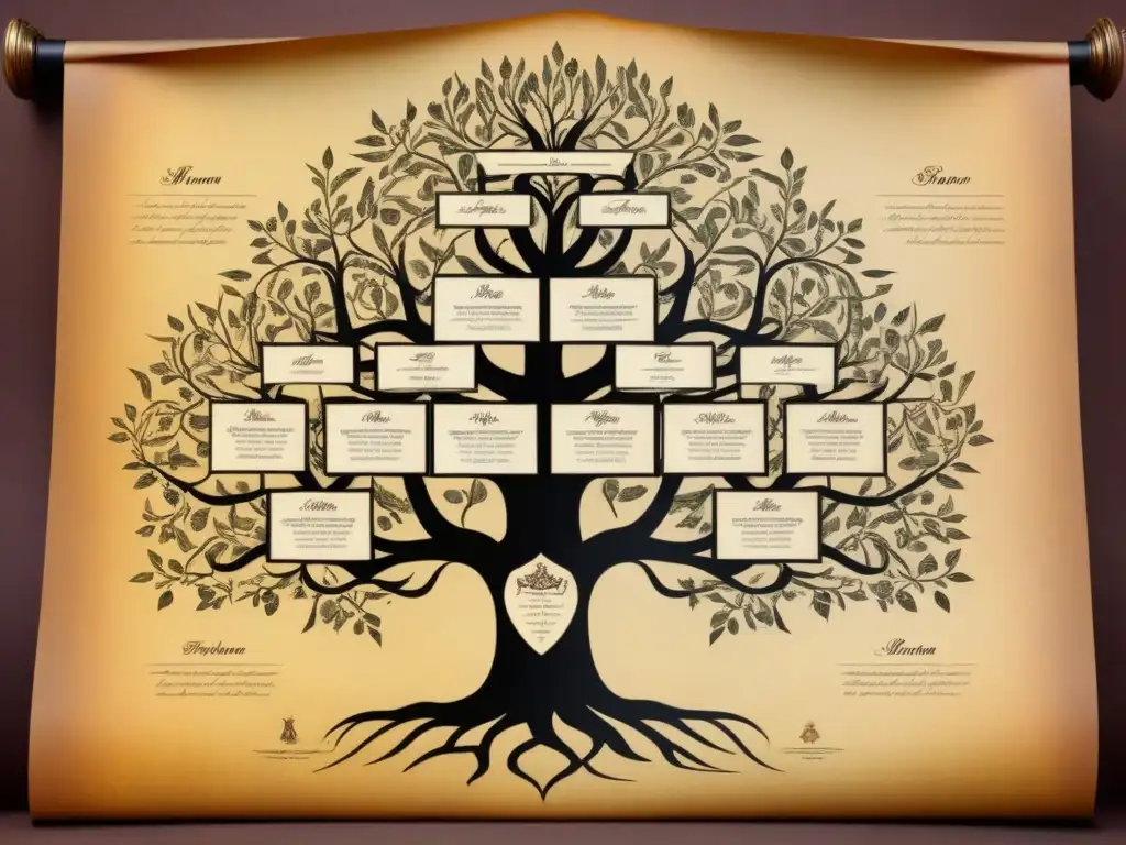 Un árbol genealógico vintage detallado con apellidos raros y únicos en caligrafía, retratando historias ancestrales