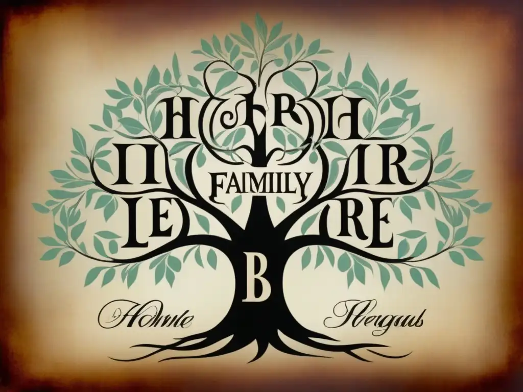 Un árbol genealógico vintage detallado con caligrafía y bordes ornamentados, mostrando el linaje de apellidos nobles que comienzan con la letra 'B'