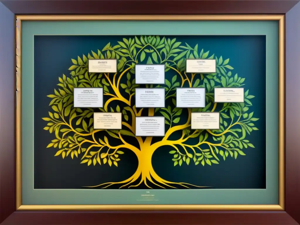 Un árbol genealógico vintage detallado con caligrafía, enmarcado en oro envejecido