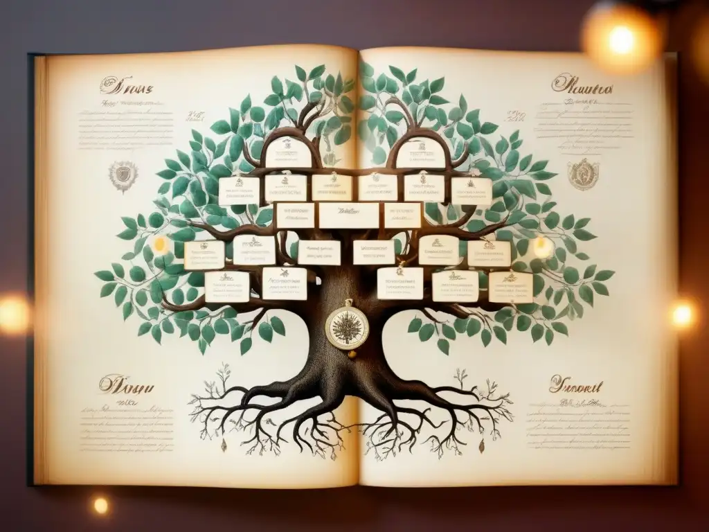 Un árbol genealógico vintage detallado sobre pergamino, con caligrafía delicada e ilustraciones de casas ancestrales y escudos familiares