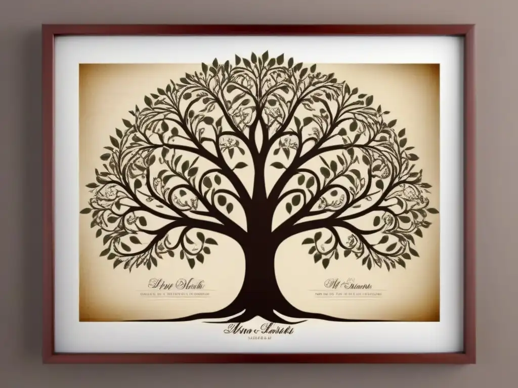 Un árbol genealógico vintage detallado con ramas, hojas delicadas y caligrafía ornamental