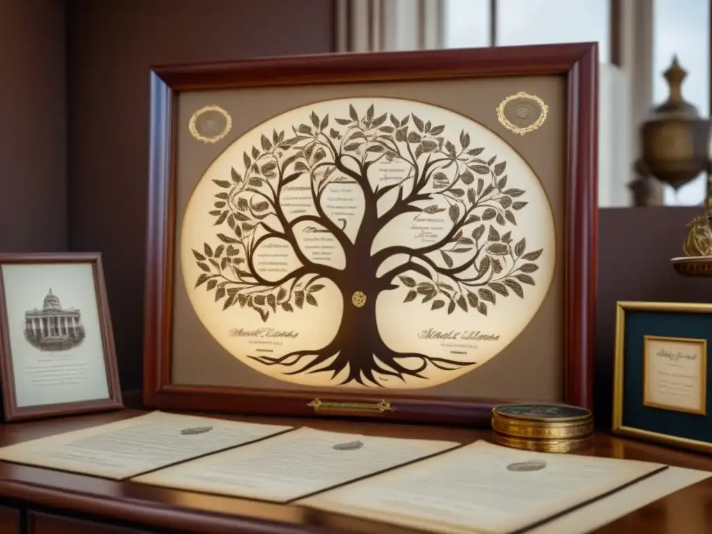 Un árbol genealógico vintage detallado en tonos sepia, con caligrafía delicada y crestas familiares, enmarcado en oro antiguo