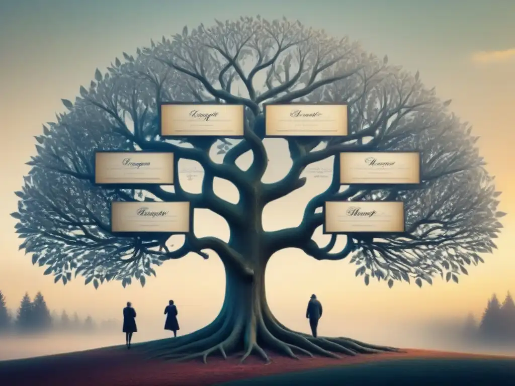 Un árbol genealógico vintage detallado que muestra las conexiones de redes familiares complejas, con ramas en diversas direcciones y generaciones