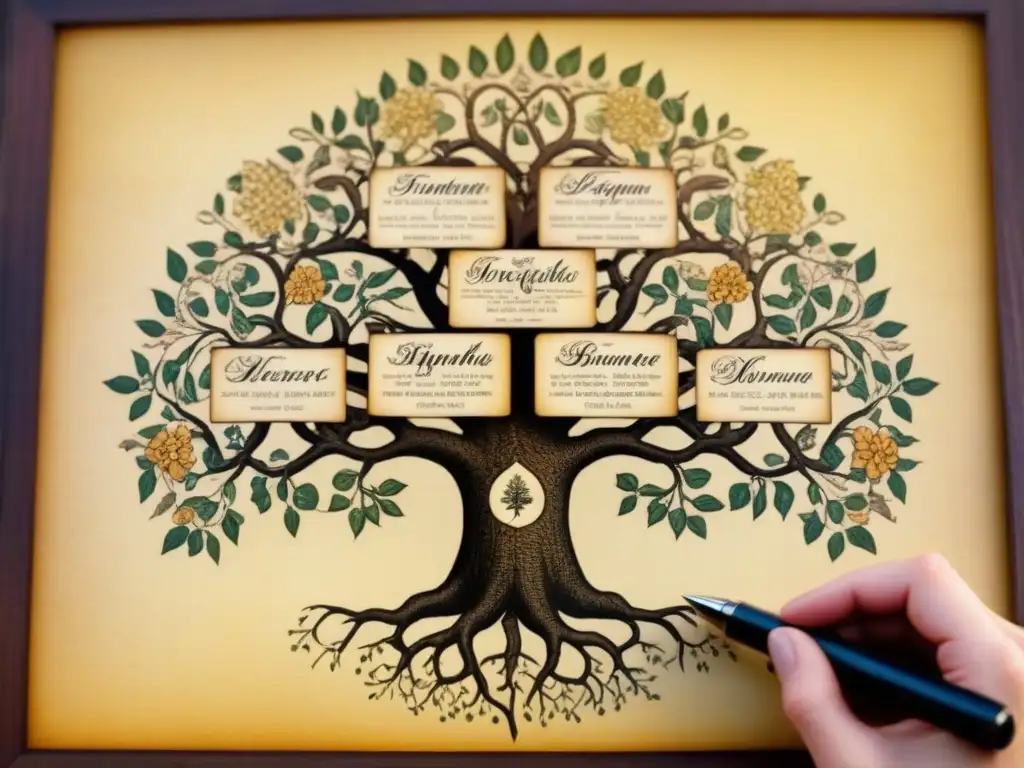 Un árbol genealógico vintage detallado en pergamino amarillento, con caligrafía delicada y cresta familiar, evocando historia y linaje