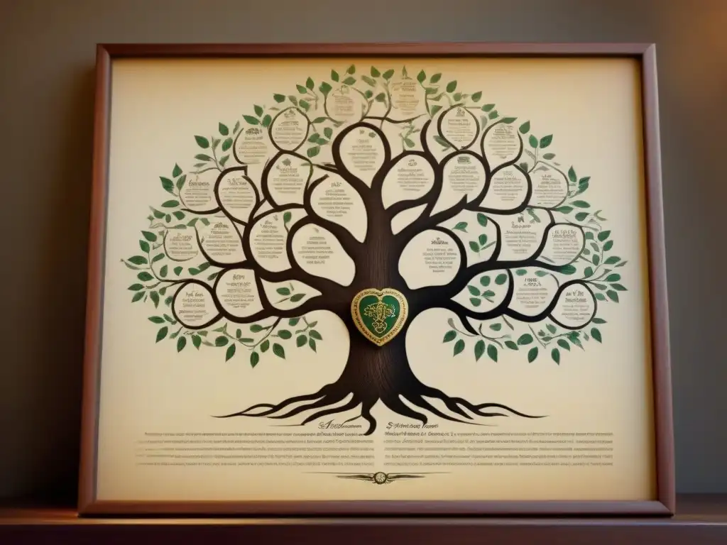 Un árbol genealógico vintage detallado con caligrafía y iconos de candado, envejecido sobre pergamino