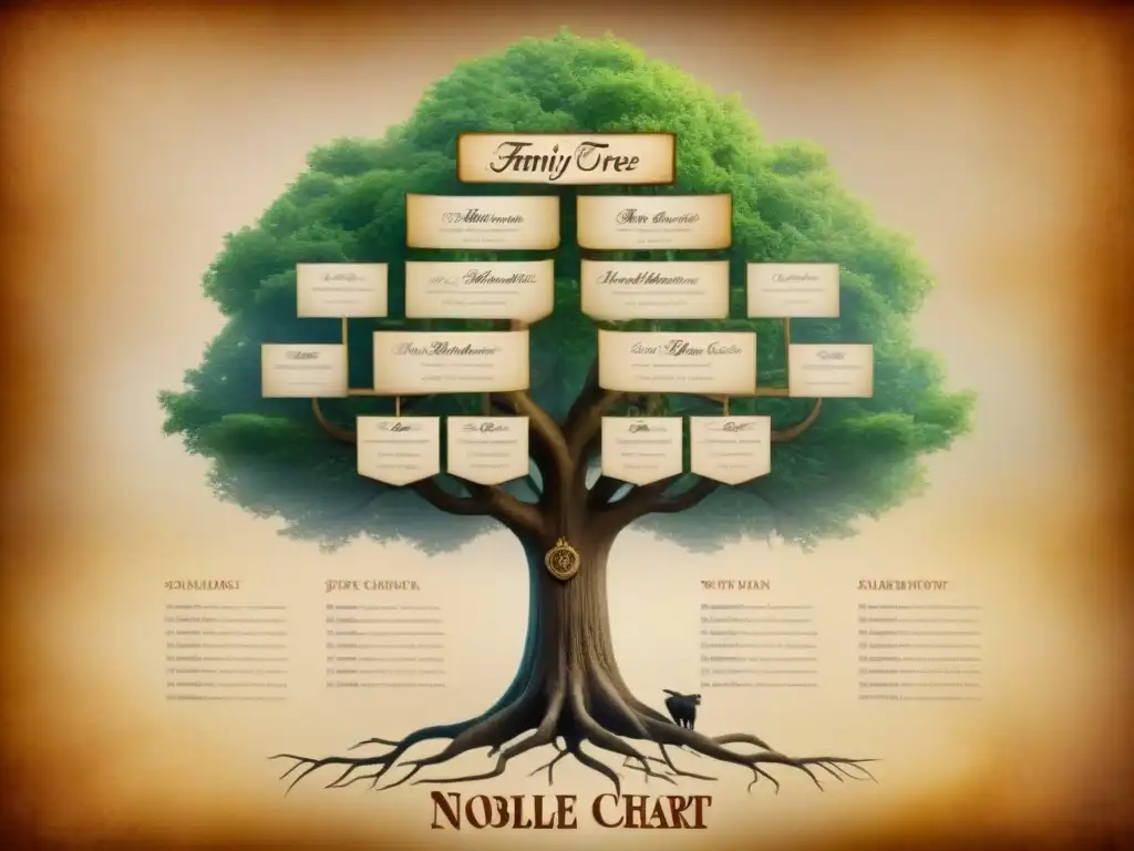 Un árbol genealógico vintage detallado de una familia noble, con heráldica y caligrafía, sobre pergamino envejecido