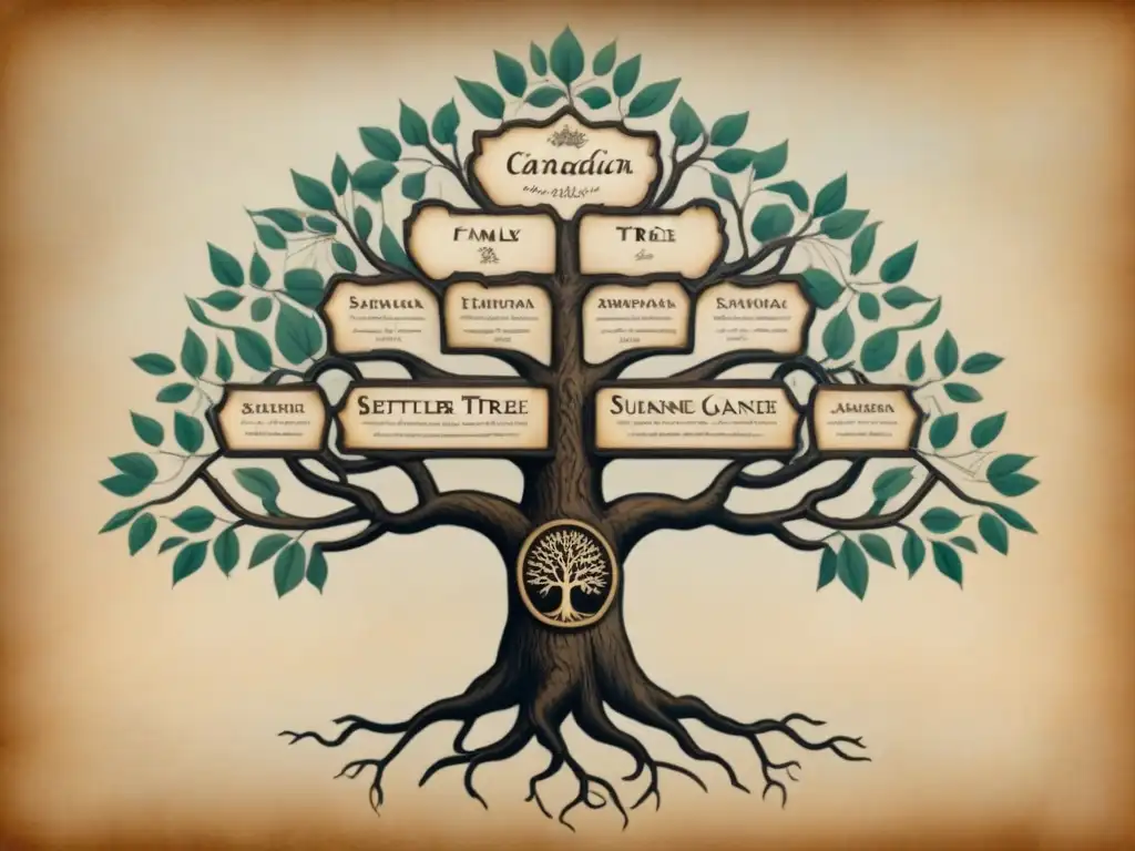 Un árbol genealógico vintage detallado de apellidos canadienses, mezclando culturas con caligrafía delicada en pergamino envejecido