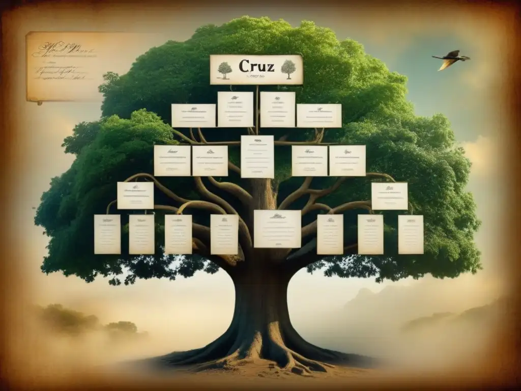 Un árbol genealógico vintage detallado de la familia Cruz, con registros históricos y retratos de ancestros