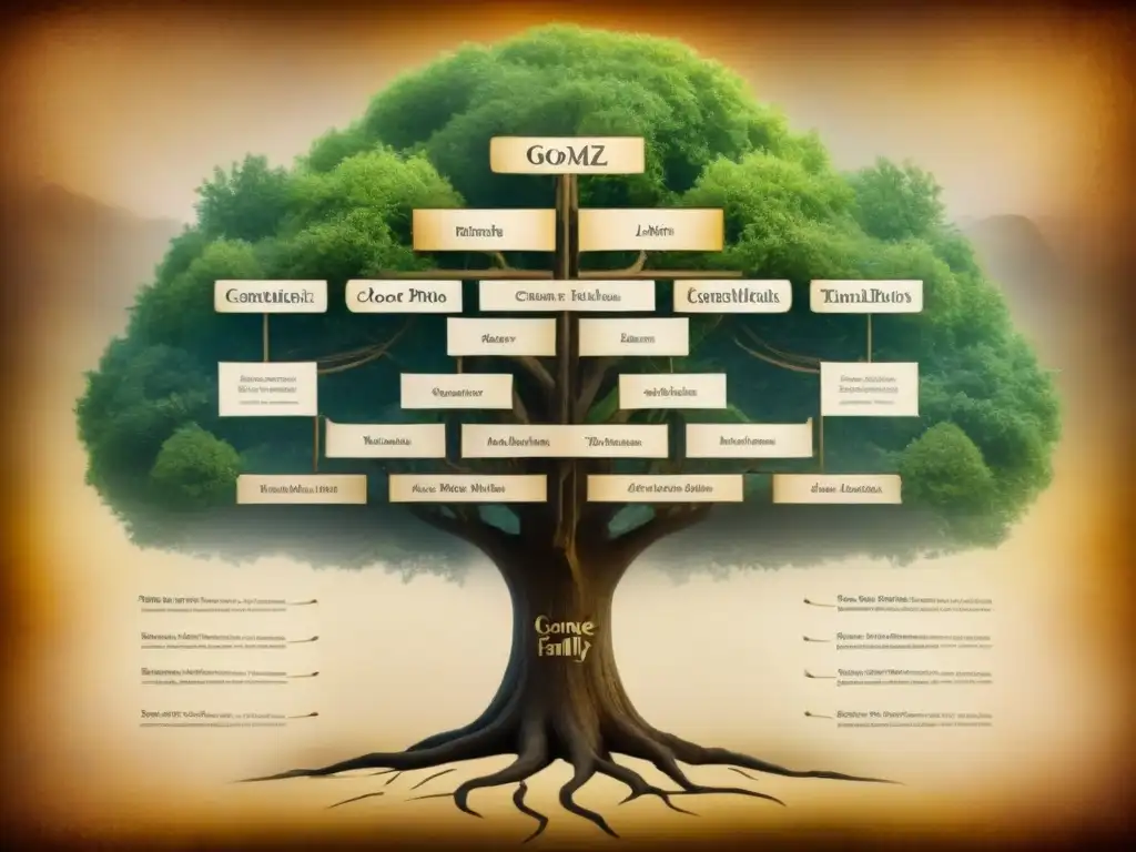 Un árbol genealógico vintage detallado de la familia Gómez en pergamino envejecido