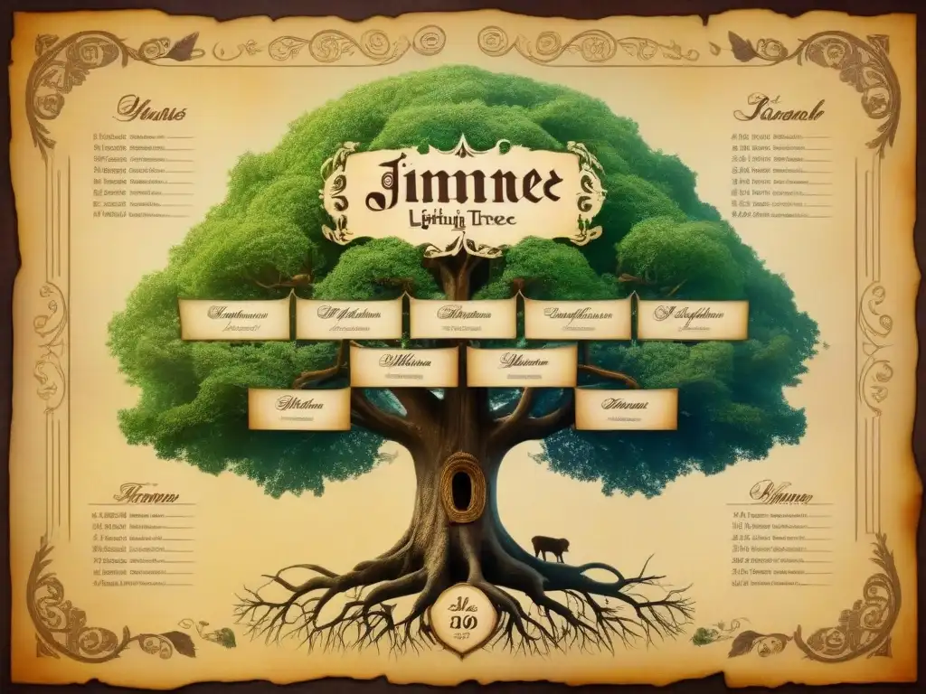 Árbol genealógico vintage detallado con la historia del apellido Jiménez en pergamino envejecido, evocando herencia y linaje