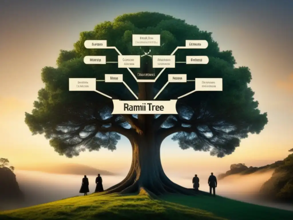 Un árbol genealógico vintage detallado de la historia del apellido Ramírez, con ramas entrelazadas y figuras destacadas