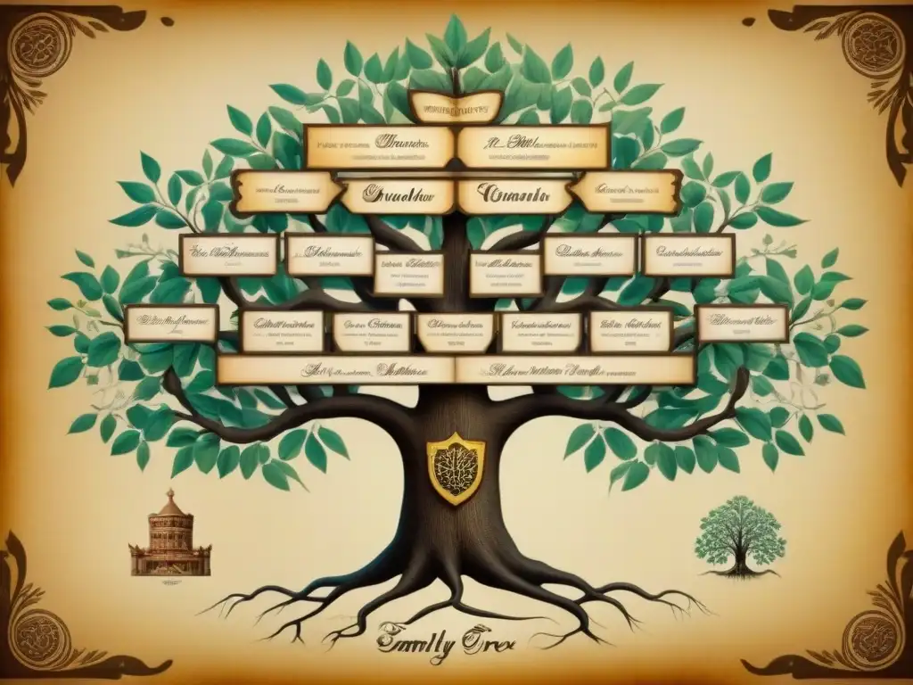 Árbol genealógico vintage detallado con caligrafía y escudos de armas, envejecido