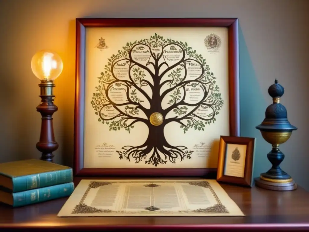 Un árbol genealógico vintage detallado, con caligrafía ornamental y retratos ancestrales, en un escritorio de caoba