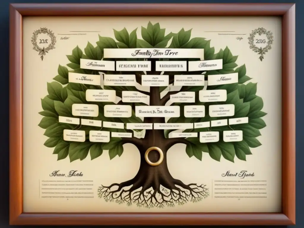 Un árbol genealógico vintage detallado en pergamino, con caligrafía elegante y adornos ilustrativos, evocando historia y tradición