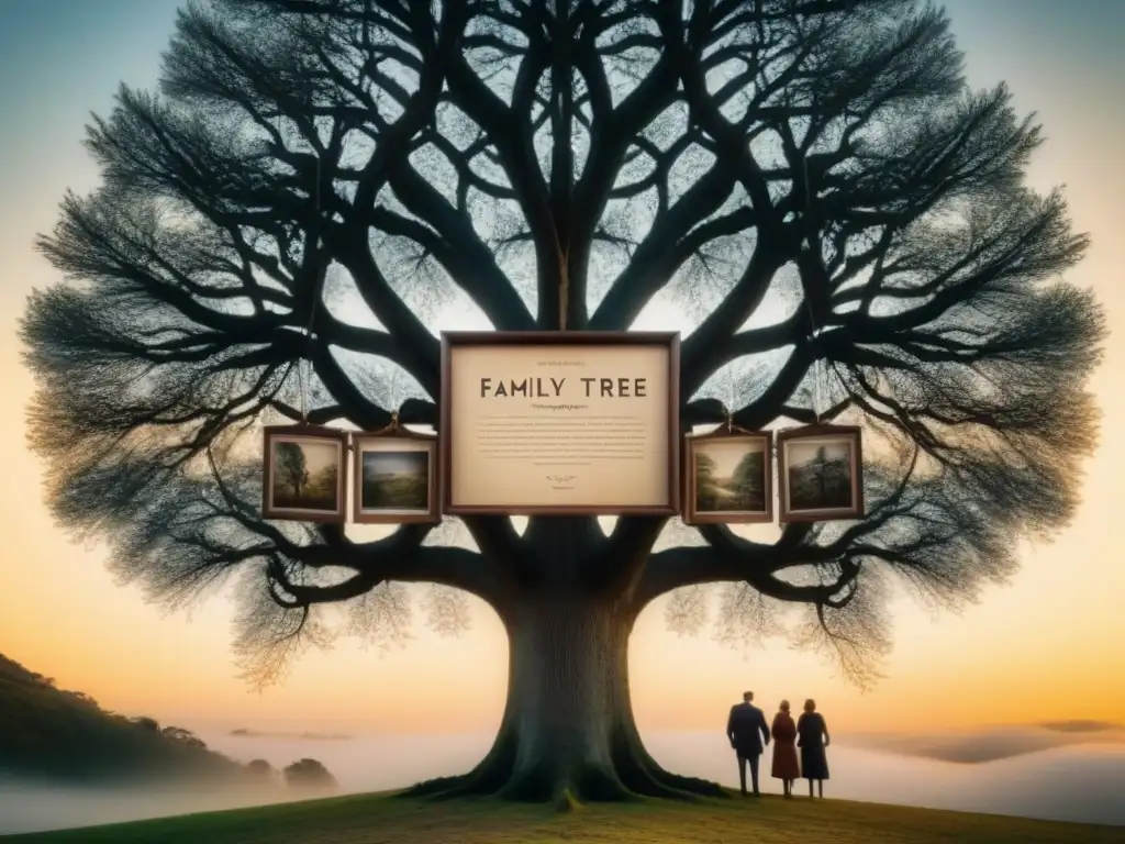 Árbol genealógico vintage: historia familiar en sepia Un árbol genealógico vintage detallado con caligrafía intrincada y fotografías antiguas colgando de las ramas, simbolizando la historia familiar y la búsqueda de raíces ancestrales