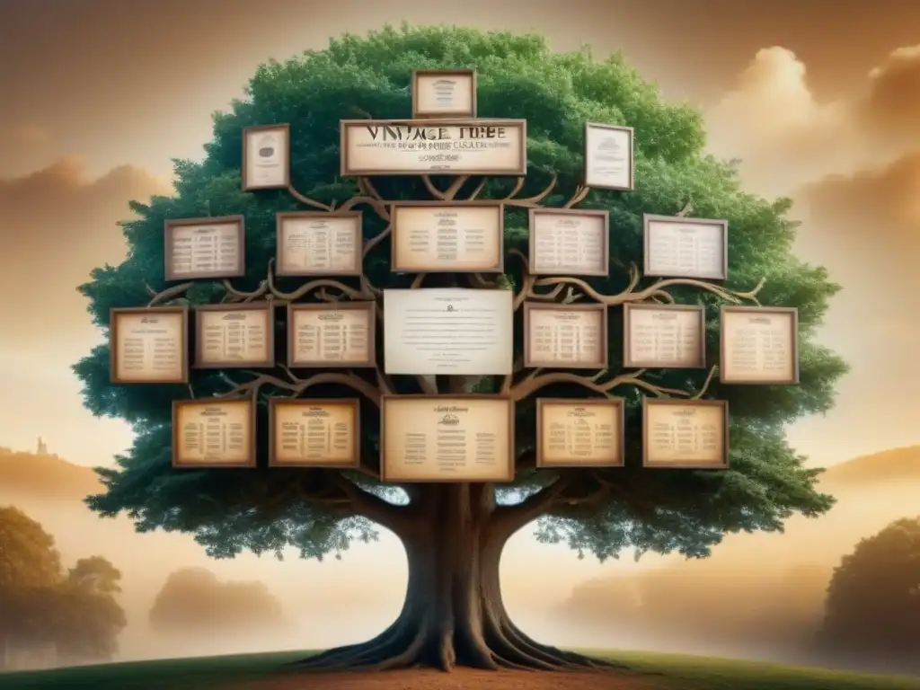 Árbol genealógico vintage en detalle: historia y nostalgia en sepia Un árbol genealógico vintage detallado con retratos de ancestros, en tonos sepia, evocando historia y nostalgia