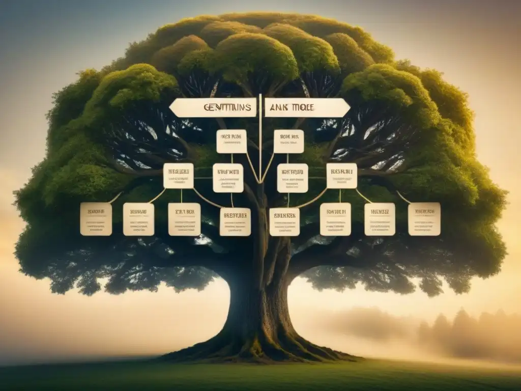 Un árbol genealógico vintage detallado en sepia, representando generaciones de ancestros conectados