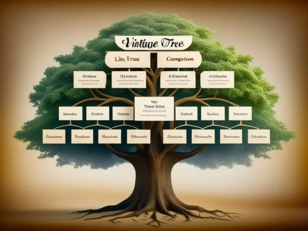 Un árbol genealógico vintage detallado en sepia con caligrafía e ilustraciones, perfecto para una red social para genealogistas