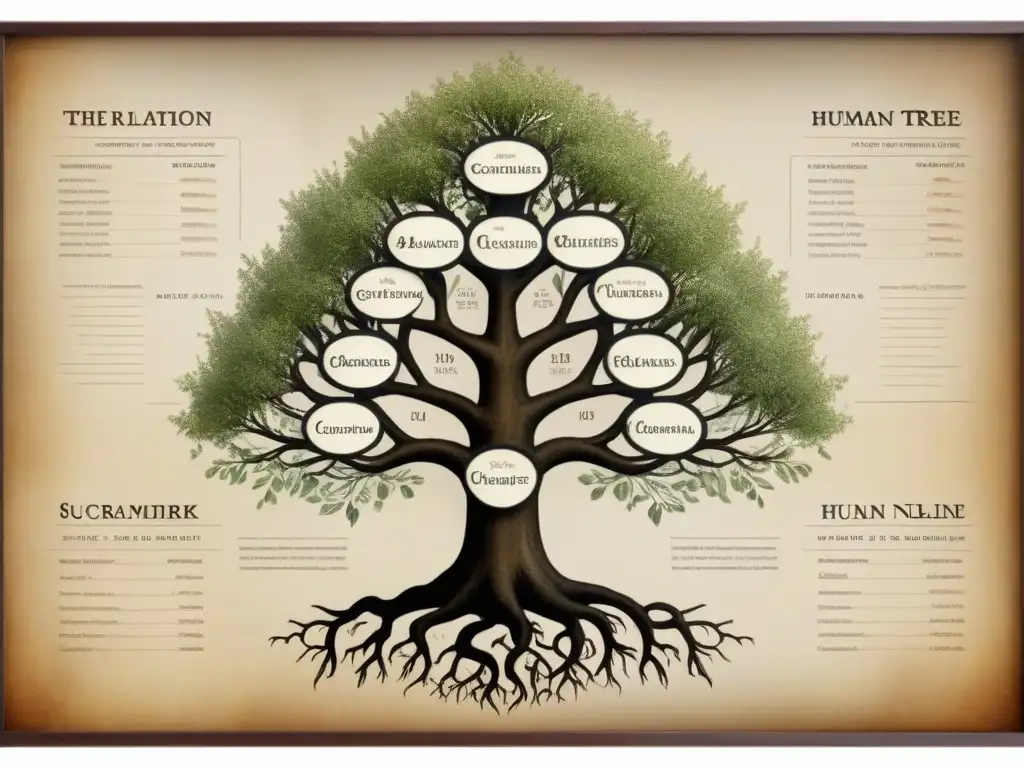 Un árbol genealógico vintage detallado en pergamino envejecido, mostrando la evolución de apellidos a lo largo de los siglos