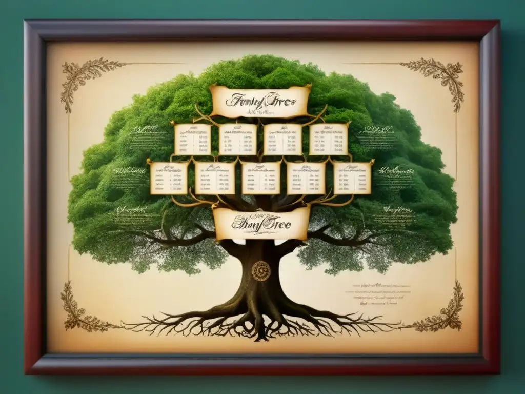 Un árbol genealógico vintage detallado en caligrafía, rodeado de bordes ornamentales victorianos, sobre pergamino envejecido