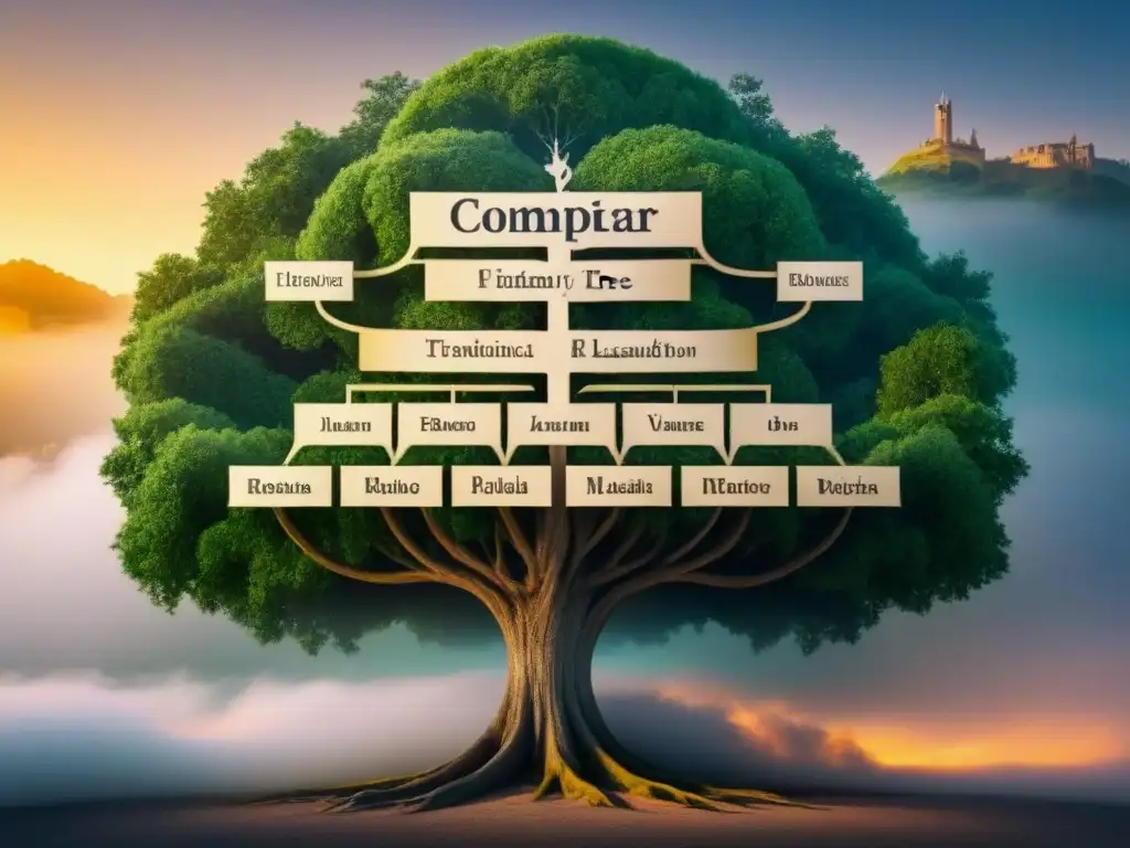 Un árbol genealógico vintage detallado del apellido Davila, con ramas que conectan con figuras históricas y lugares emblemáticos