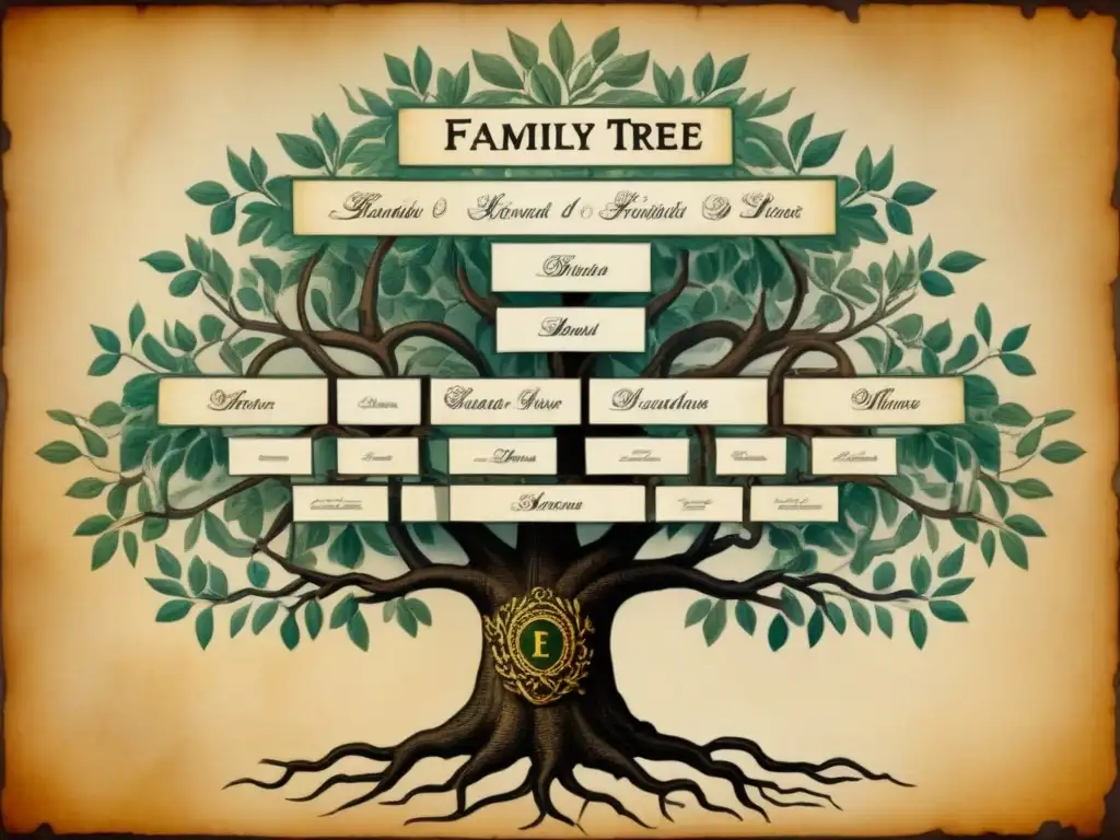 Un árbol genealógico vintage detallado en pergamino antiguo con nombres y escudos familiares, ideal para Pruebas de ADN para genealogía