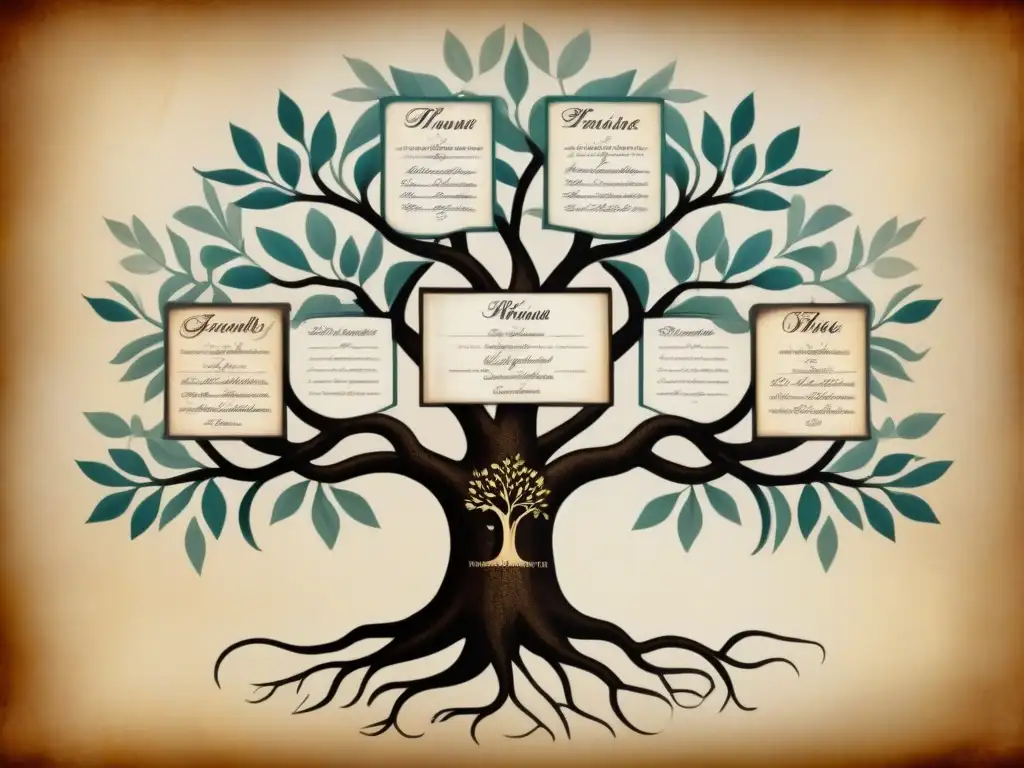 Un árbol genealógico vintage detallado con apellidos con historias de superación, escrito a mano en pergamino envejecido