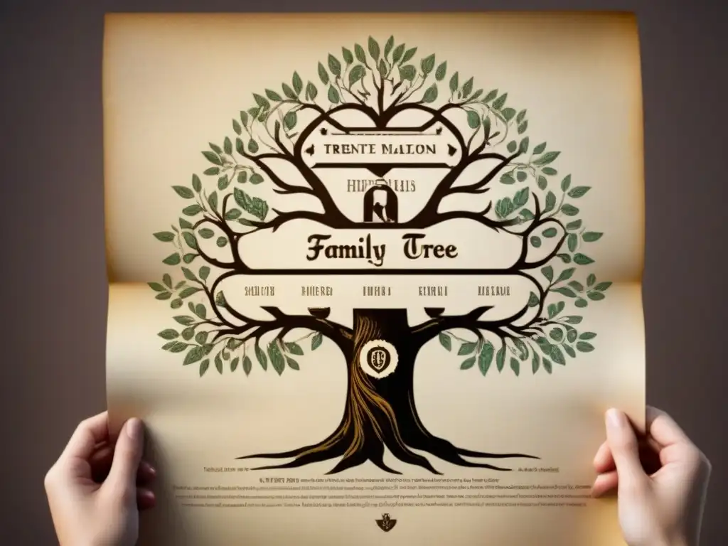 Un árbol genealógico vintage detallado en pergamino, con nombres en caligrafía, simbolizando la genealogía y las Pruebas de ADN en genealogía