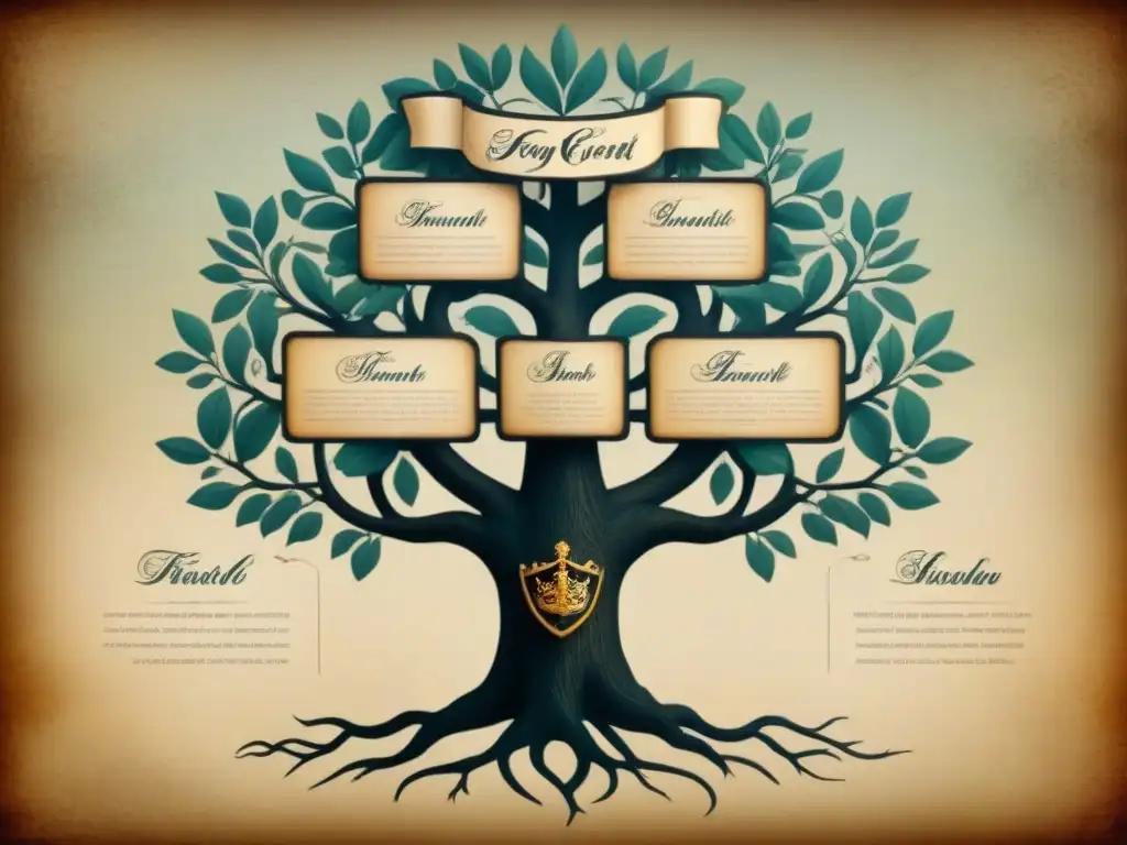 Un árbol genealógico vintage detallado con escudos reales y conexiones de linaje, en pergamino desgastado con caligrafía elegante