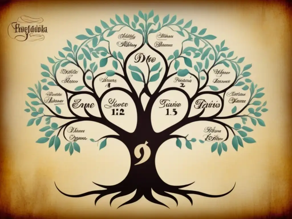 Un árbol genealógico vintage detallado, con ramas ornamentadas y nombres en caligrafía antigua sobre pergamino envejecido