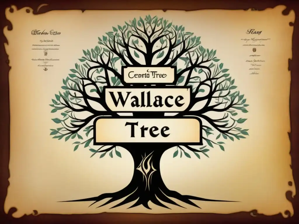 Un árbol genealógico vintage detallado de la historia del apellido Wallace nobles, con caligrafía elegante y escudos heráldicos