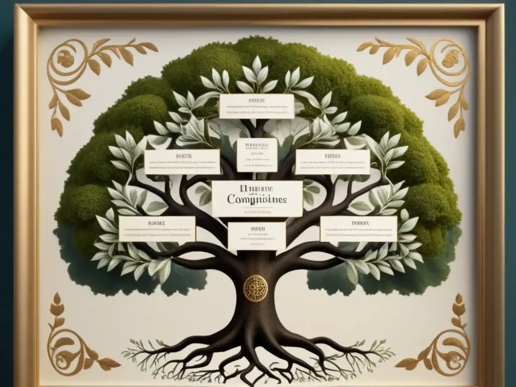 Un árbol genealógico vintage detallado con el linaje del apellido Haya, adornado con caligrafía y motivos florales en un elegante marco dorado