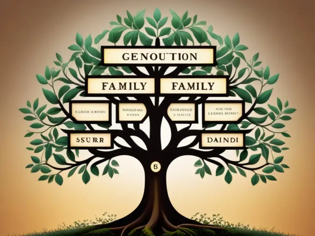 Un árbol genealógico vintage detallado que muestra el origen y evolución de apellidos a lo largo de generaciones