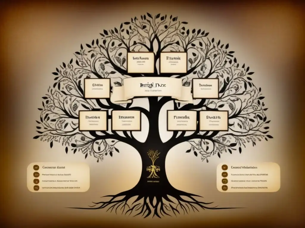 Árbol genealógico vintage detallado: legado ancestral en sepia Un árbol genealógico vintage detallado con tonos sepia, mostrando generaciones de antepasados en una presentación educativa y visual