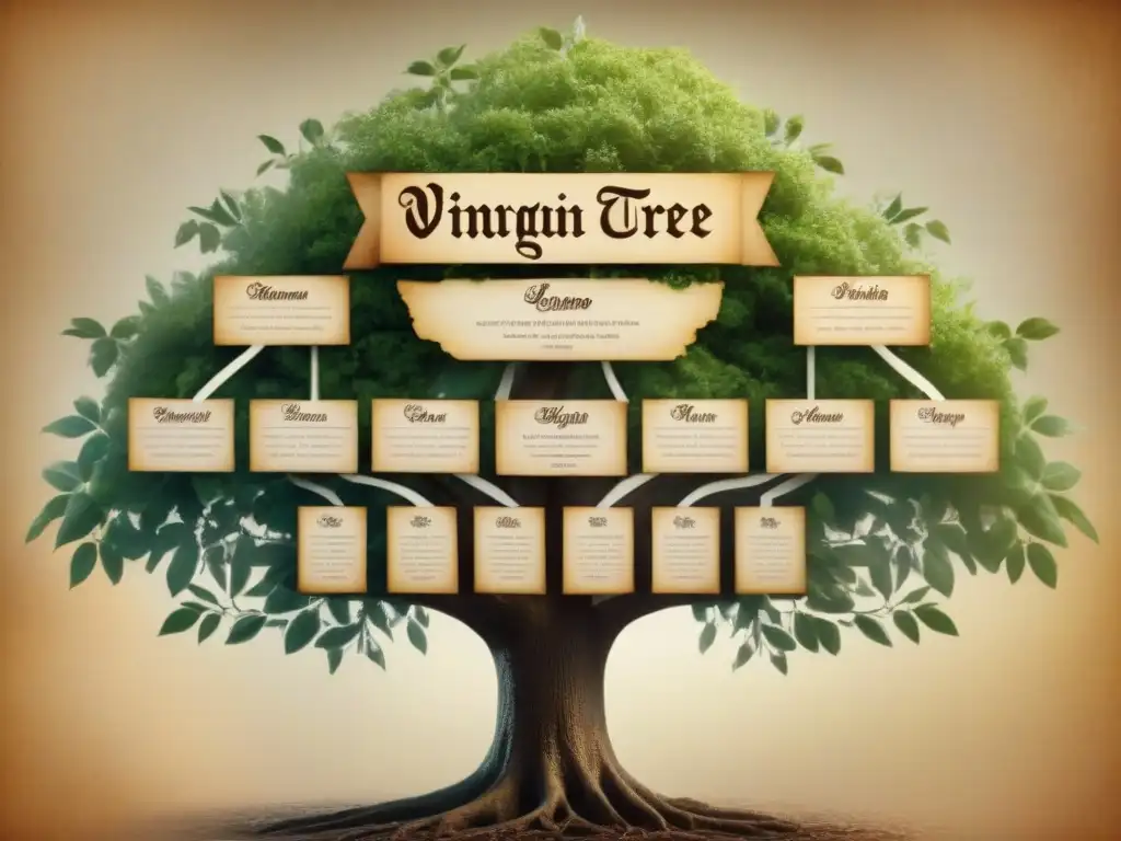 Un árbol genealógico vintage detallado de la familia Holguín, conectando linajes históricos y contemporáneos