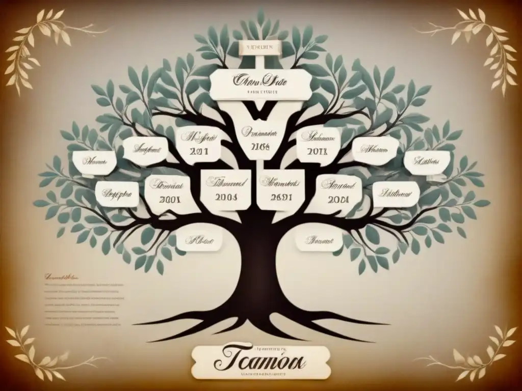 Un árbol genealógico vintage con detalles en sepia y caligrafía, mostrando la historia de apellidos y genealogía familiar