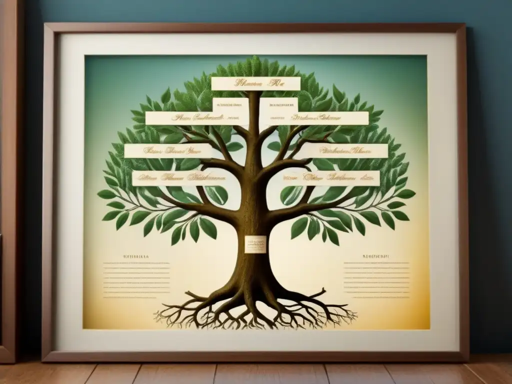 Un árbol genealógico vintage con detalles intrincados, ilustraciones delicadas y colores elegantes