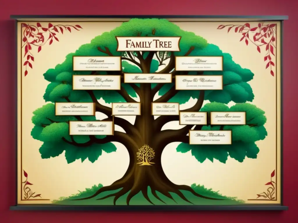 Un árbol genealógico vintage detalladamente diseñado que muestra la evolución y fusión cultural de apellidos malayos a lo largo de la historia, con ramas entrelazadas que representan los orígenes y significados diversos detrás de estos nombres ancestrales