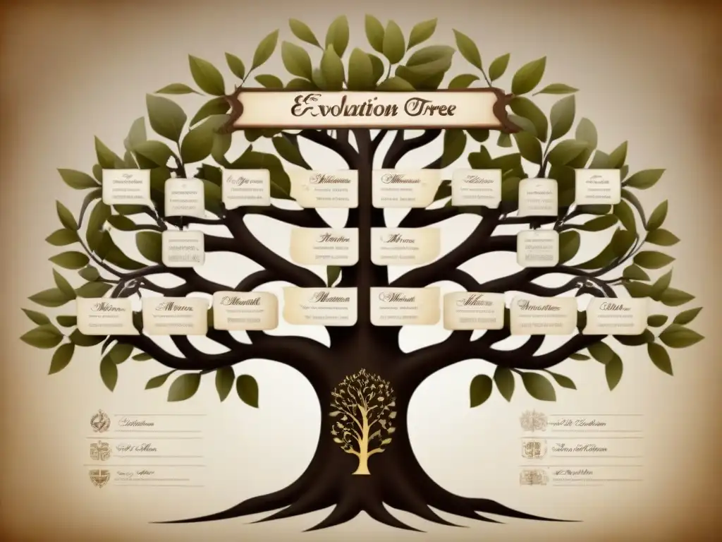 Un árbol genealógico vintage detalladamente diseñado que muestra la evolución fonética de apellidos a lo largo de las generaciones