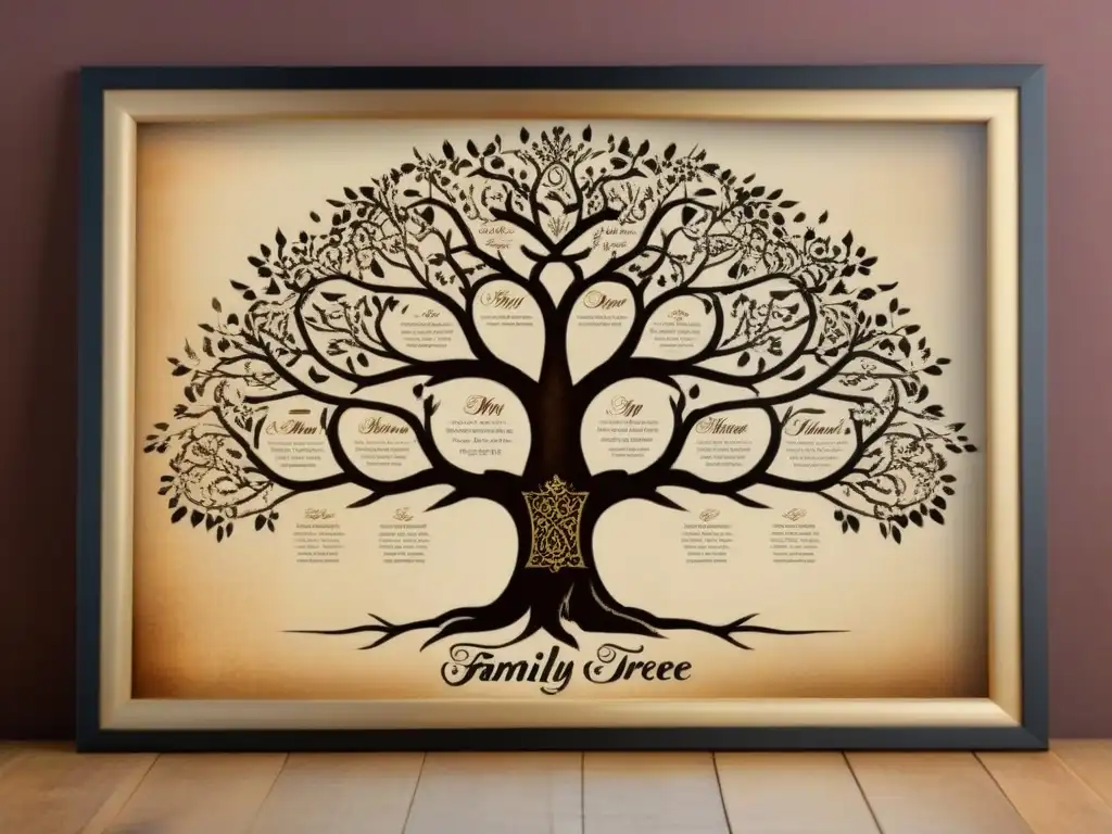 Árbol genealógico vintage con elegante caligrafía y tonos sepia, evocando historia y tradición