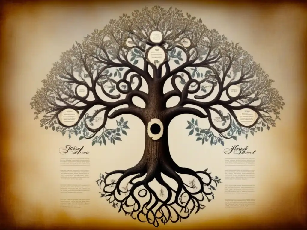 Un árbol genealógico vintage con ADN entrelazado, detalles de caligrafía y colores sepia, evocando historia y descubrimiento