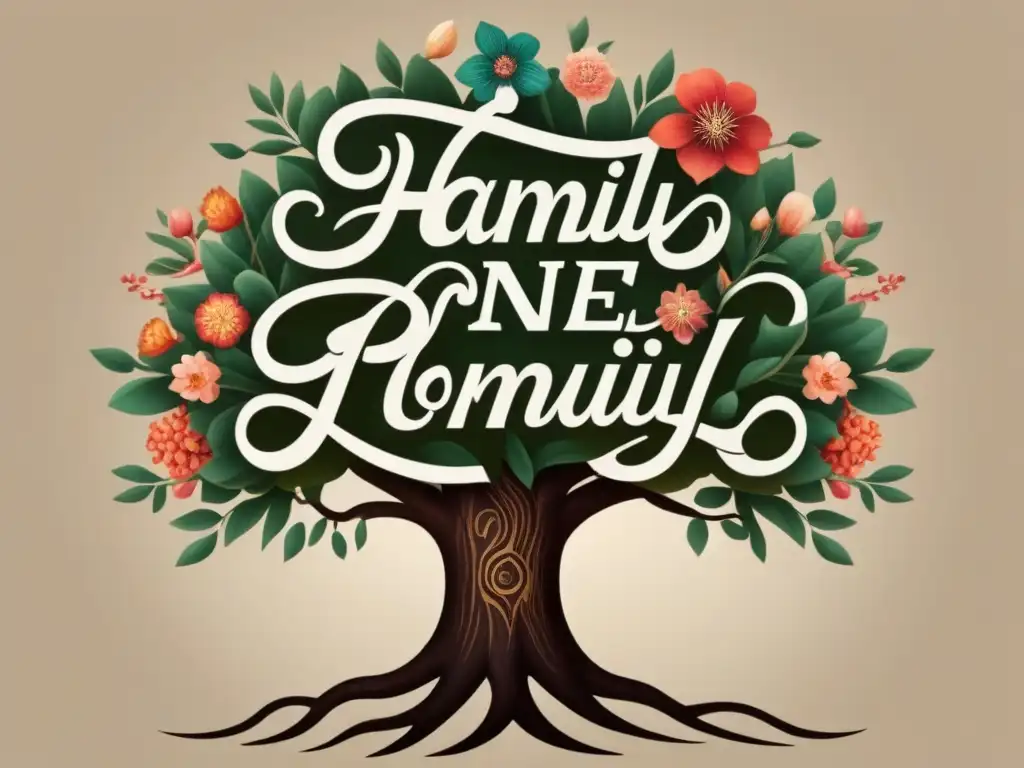 Un árbol genealógico vintage entrelazado con nombres femeninos en caligrafía elegante, representando la historia de apellidos femeninos