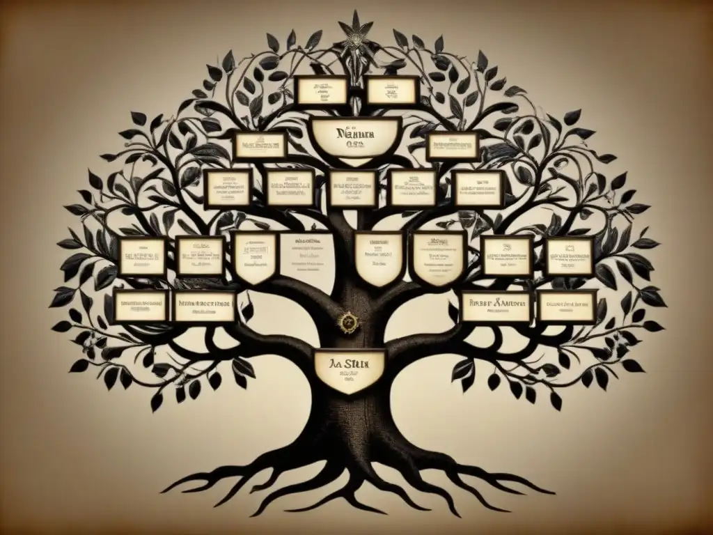 Un árbol genealógico vintage de la familia Arteaga, con escudos nobles y caligrafía detallada en tonos sepia, representando el origen noble del apellido Arteaga a lo largo de la historia