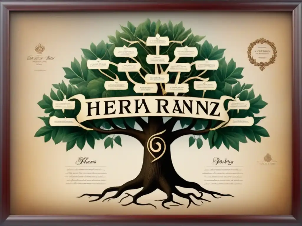 Árbol genealógico vintage de la familia Herranz en España, con detalles ornamentales y símbolos misteriosos entre ramas y crests desvanecidos