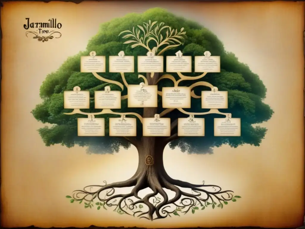 Árbol genealógico vintage de la familia Jaramillo con ilustraciones detalladas y caligrafía, en pergamino envejecido