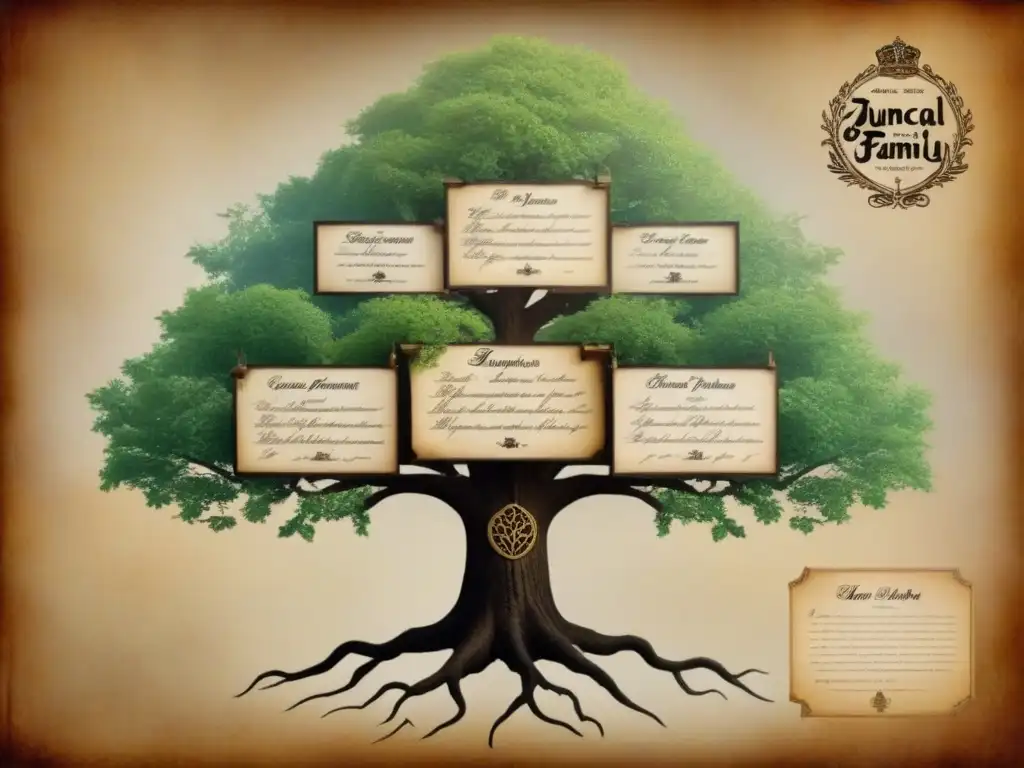 Un árbol genealógico vintage de la familia Juncal, con detalles de caligrafía y elementos históricos